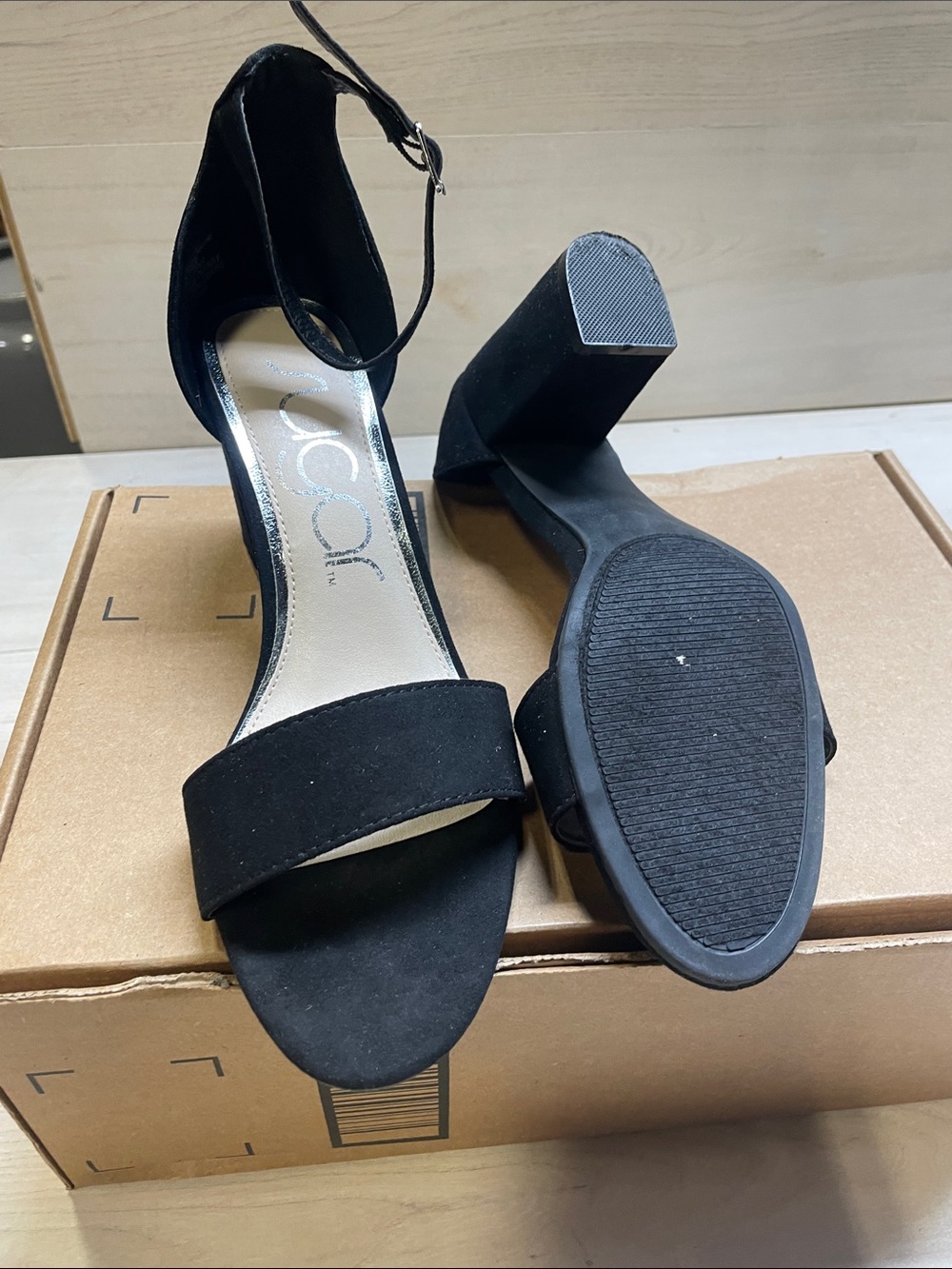 Aldo Black Suede Block Heel Sandals with Ankle Strap #537